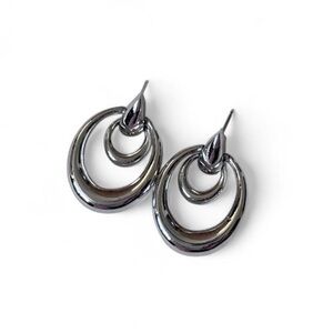 Vintage Trifari Signed Silver Double Hoop Door Knocker Earrings 1960s
